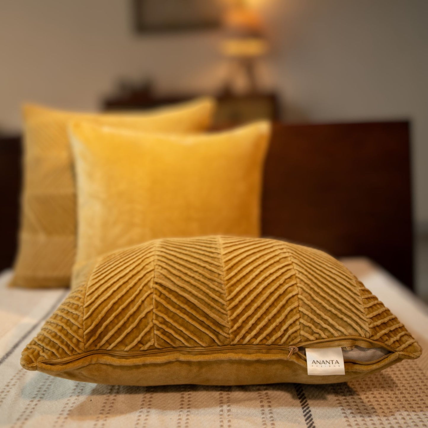 Gold Cotton Velvet Pintuck Cushion Cover