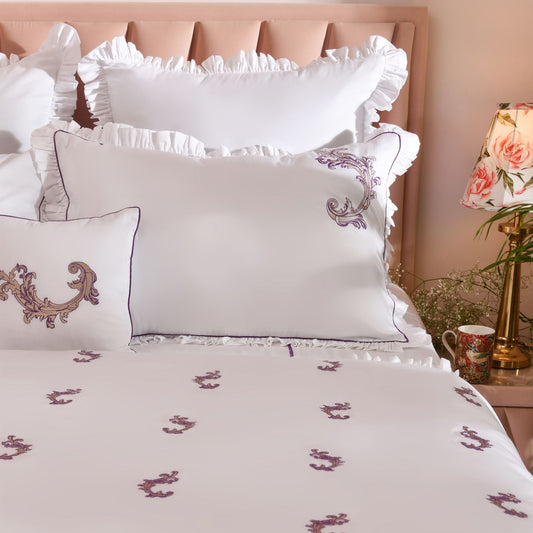 Classic White and Purple 500 TC Embroidered Cotton Bedsheet