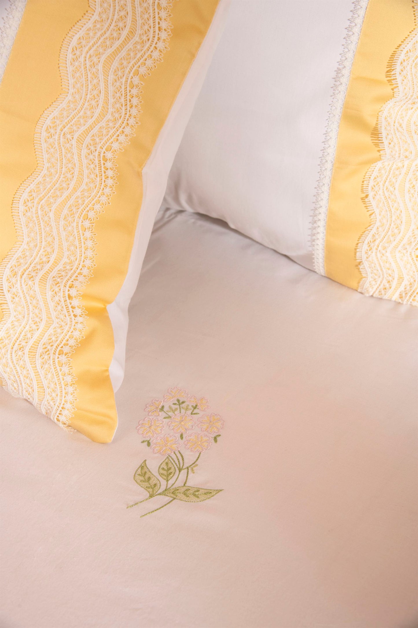 Sunshine Yellow Lace 500 TC Embroidered Cotton Bedsheet