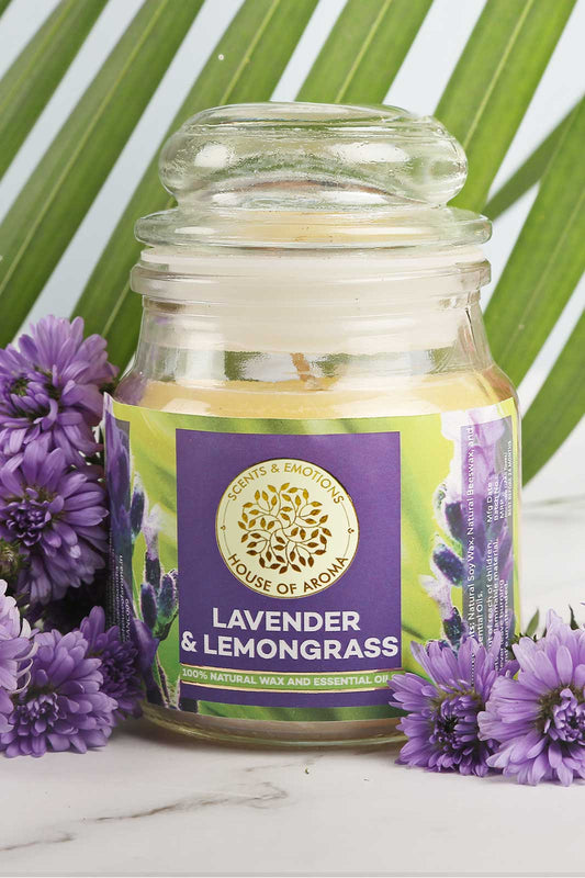 House of Aroma Lavender & Lemongrass Scented Candle for Aromatherapy, Made with 100% Natural Wax and Essential Oils