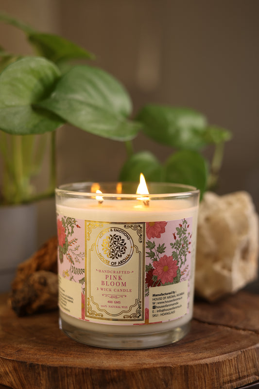 House of Aroma Natural Wax Pink Bloom Candle 3 Wicks