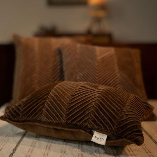 Brown Cotton Velvet Pintuck Cushion Cover