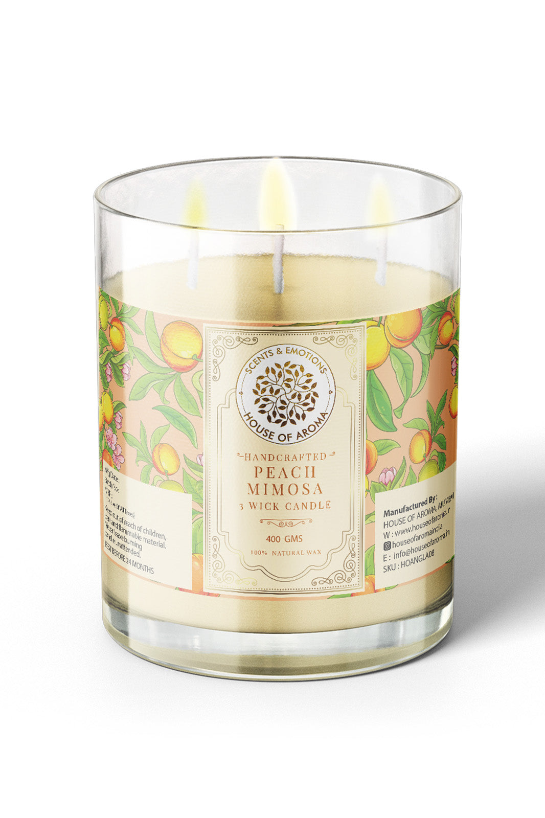 House of Aroma Natural Wax Peach Mimosa Candle 3 Wicks