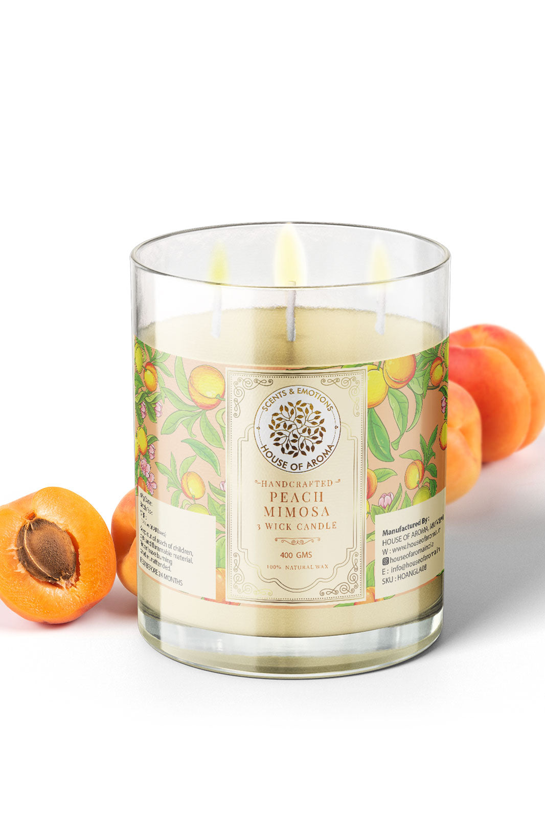 House of Aroma Natural Wax Peach Mimosa Candle 3 Wicks