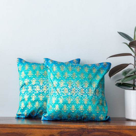 Fancy Blue Gold Foil Pattern Cushion Cover