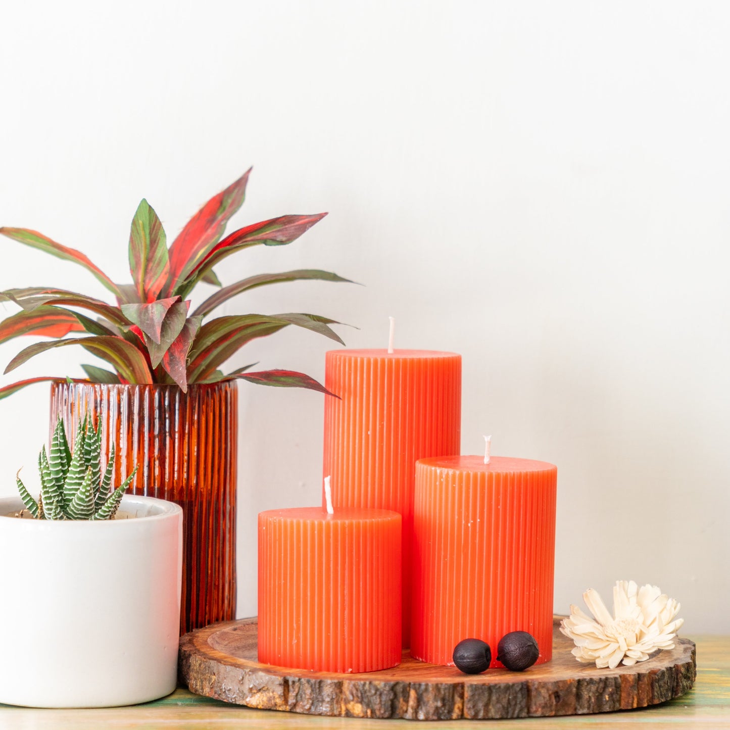 Rose Ribbed Scented Pillar Candle