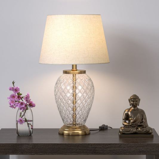 Diamond Cut Glass Table Lamp Brass Antique Finish 19 Inches Height With Off White 12 Inches Diameter Lampshade