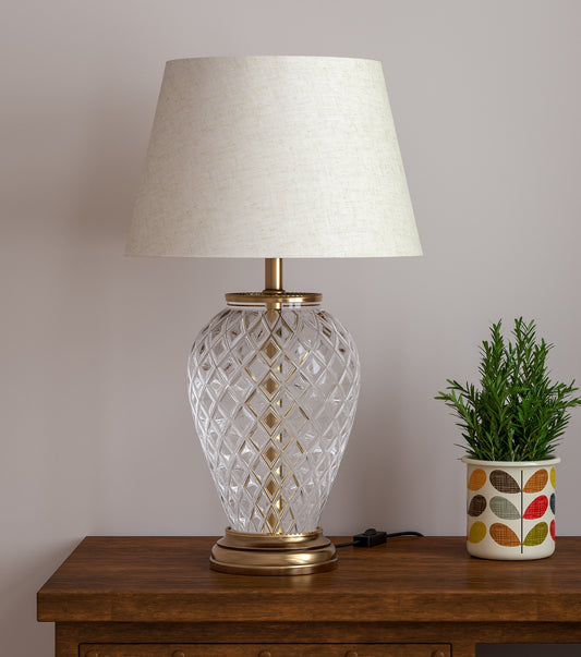 Diamond Cut Glass and Pure Brass Royal Table Lamp Brass Antique Gold finish with 14 inches Off White Lamp Shade