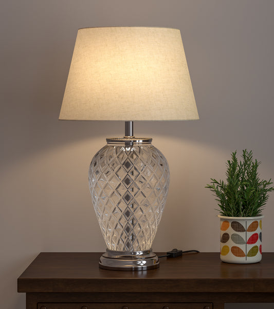 Diamond Cut Glass and Pure Brass Royal Table Lamp Nickel finish with 14 inches Off White Lamp Shade