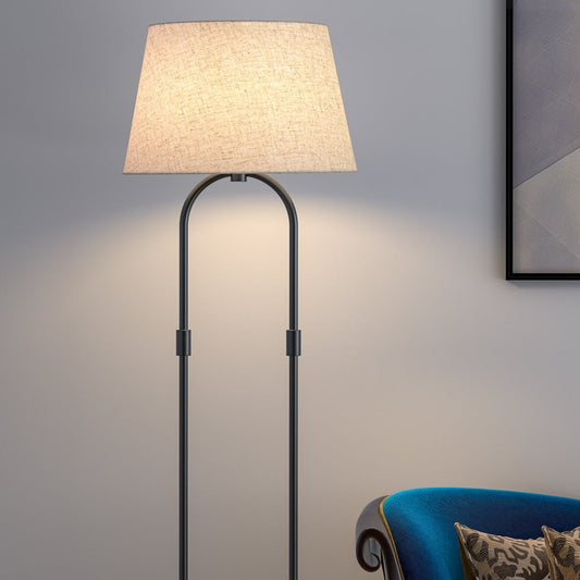 Modern Loop Floor Lamp Standing Black 5ft Height with Off White Lampshade 16 inches