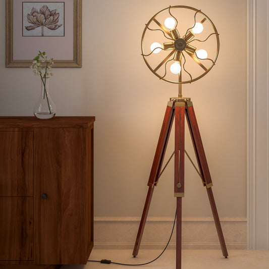 Wooden Brown and Brass Antique Gold 5ft Height Adjustable  Tripod Floor Lamp Standing with Moveable Wheel