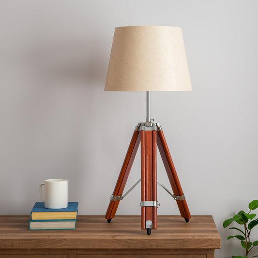 Wooden Brown Polished and Stainless Steel  Adjustable Height Tripod Table Lamp with 12 inches Off white Lampshade