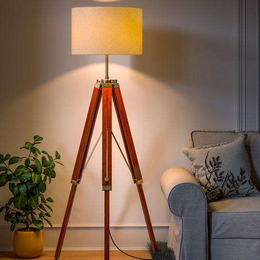 Wooden Brown Polished and Brass Antique Gold  Adjustable 5ft Height Tripod Floor Lamp Standing with 16 inches Off White Drum Shade