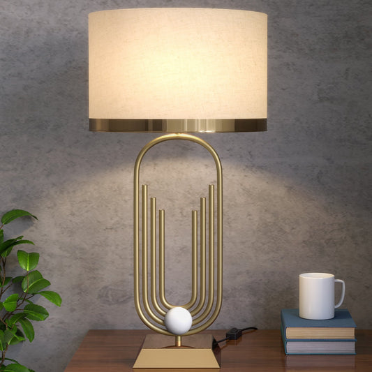 Modern Table Lamp Brass Antique Gold 27 Inches Height With Off White 14 Inches Diameter Drum Lampshade