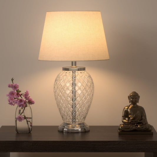 Diamond Cut Glass Table Lamp Silver Finish 19 Inches Height With Off White 12 Inches Diameter Lampshade