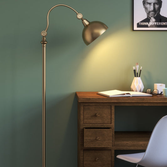 Vintage Curved Reading Task Floor Lamp Standing Brass Antique Adjustable, Moveable Neck and Shade to Focus Light