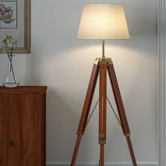 Wooden Brown Polished and Brass Antique Gold  Adjustable 5ft Height Tripod Floor Lamp Standing with 16 inches Off White Lamp Shade