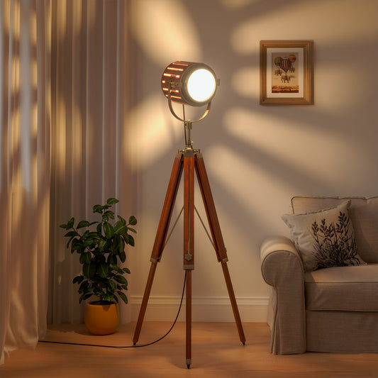 Tripod Floor Lamp Standing with Moveable Spotlight Wooden Brown Polished and Brass Antique Gold Finish Adjustable 5ft Height