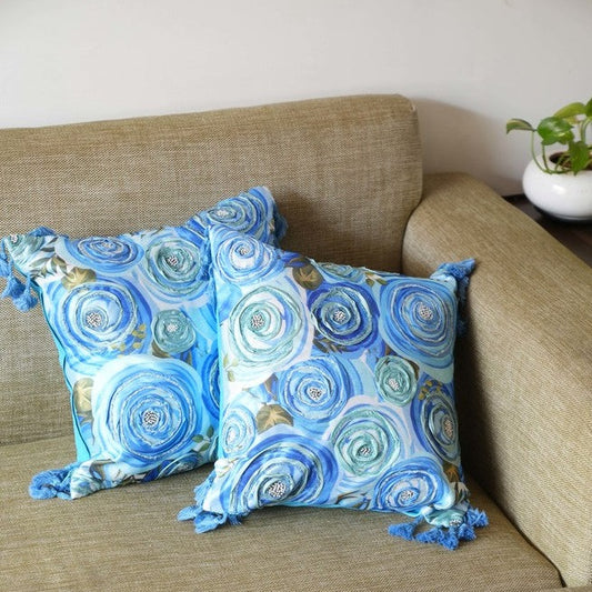 Turquoise Tassel Floral Print Cushion Cover