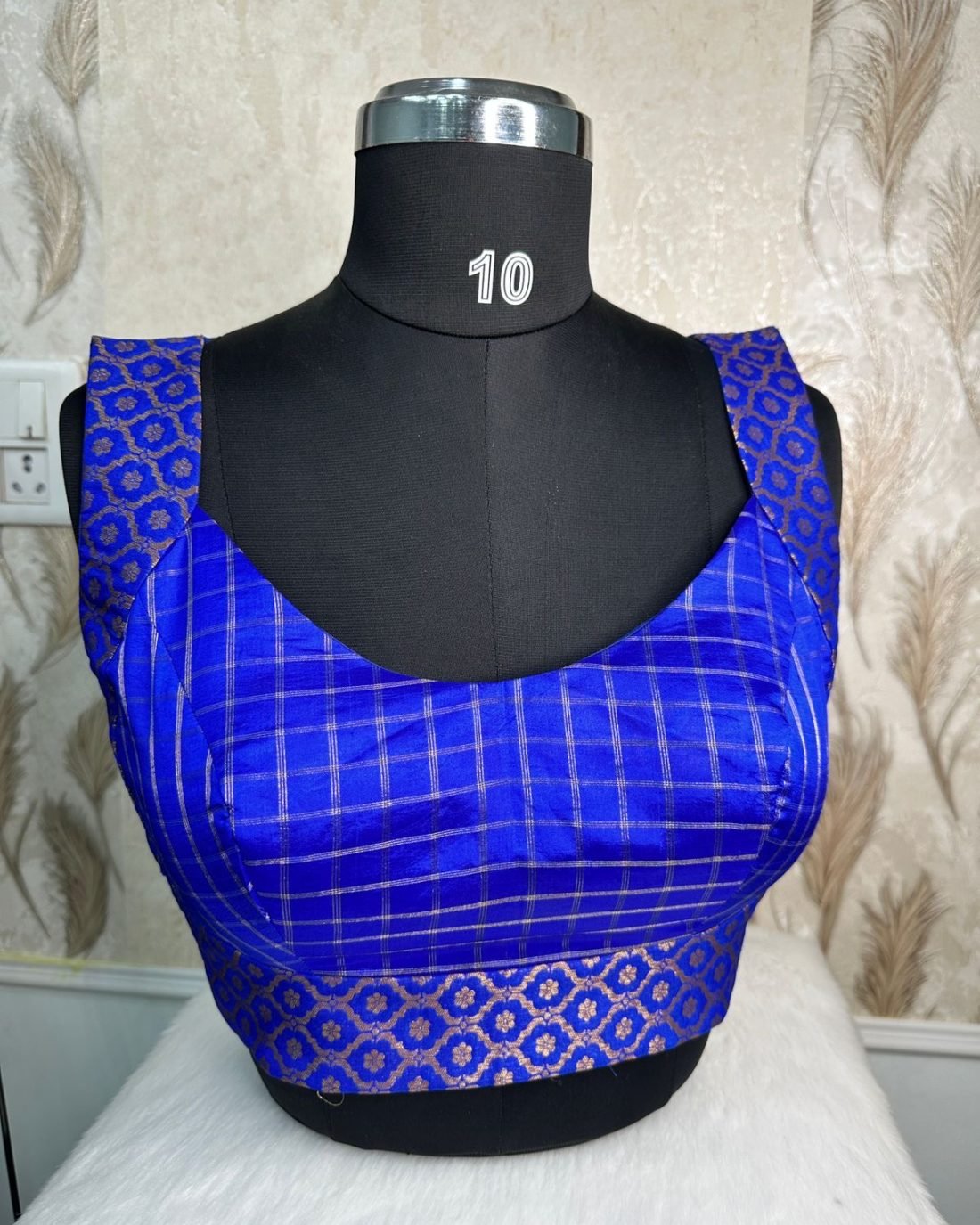 Royal Blue Checked Silk Blouse photographed on a dress form at the Ananta Designs boutique