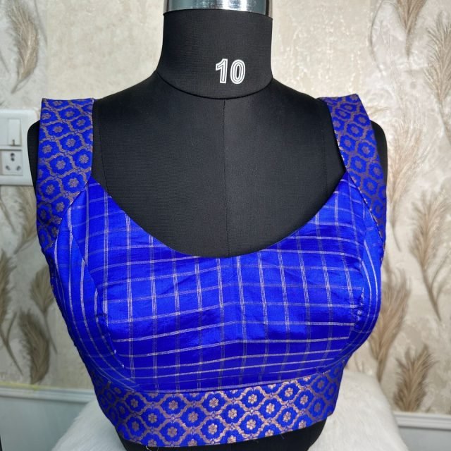 Royal Blue Checked Silk Blouse photographed on a dress form at the Ananta Designs boutique